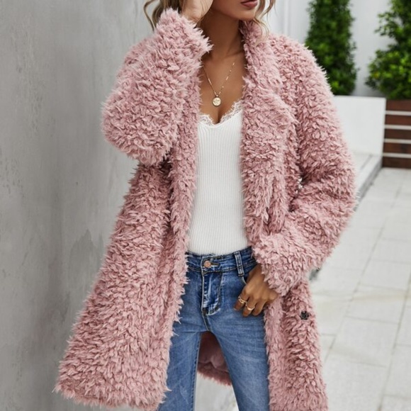 Oversized Pink fuzzy teddy jacket Trench coat Comfy - Picture 6 of 6